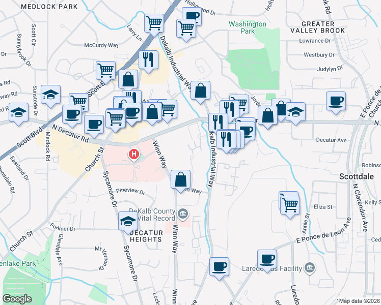 map of restaurants, bars, coffee shops, grocery stores, and more near 2408 Stratford Commons in Decatur