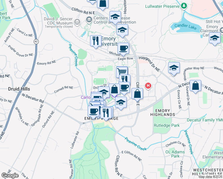 map of restaurants, bars, coffee shops, grocery stores, and more near 445 Dickey Drive in Atlanta