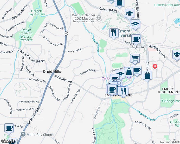 map of restaurants, bars, coffee shops, grocery stores, and more near 1428 Cornell Road Northeast in Atlanta