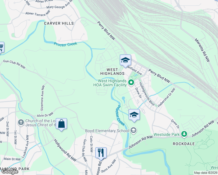map of restaurants, bars, coffee shops, grocery stores, and more near 1738 Sanford Drive in Atlanta