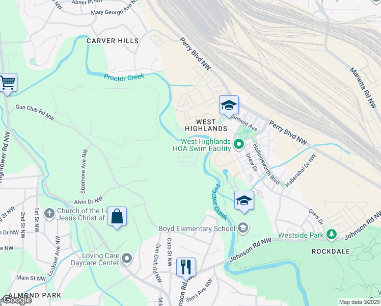 map of restaurants, bars, coffee shops, grocery stores, and more near 1791 Willow Way in Atlanta