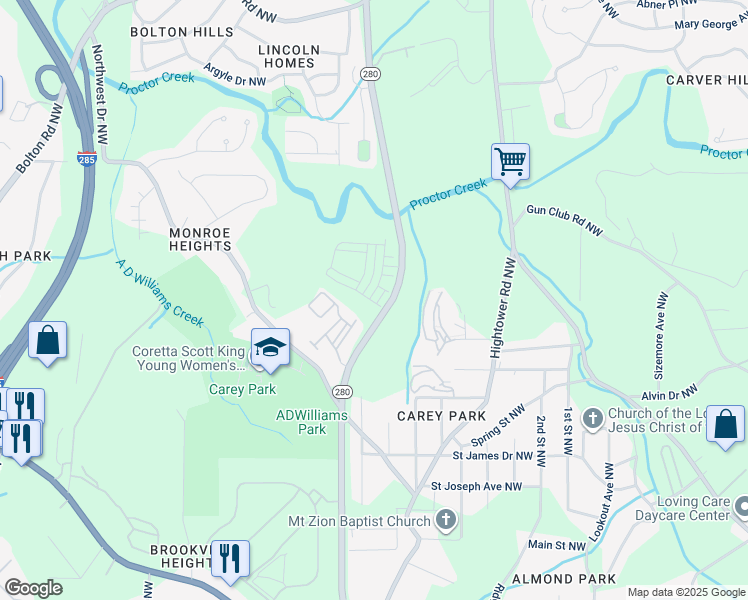 map of restaurants, bars, coffee shops, grocery stores, and more near 1692 James Jackson Parkway Northwest in Atlanta
