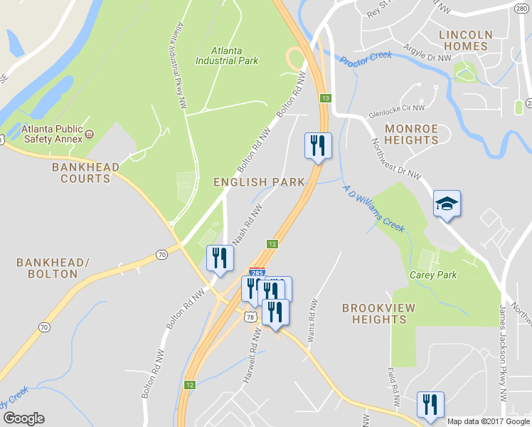 map of restaurants, bars, coffee shops, grocery stores, and more near 1349 Nash Road Northwest in Atlanta