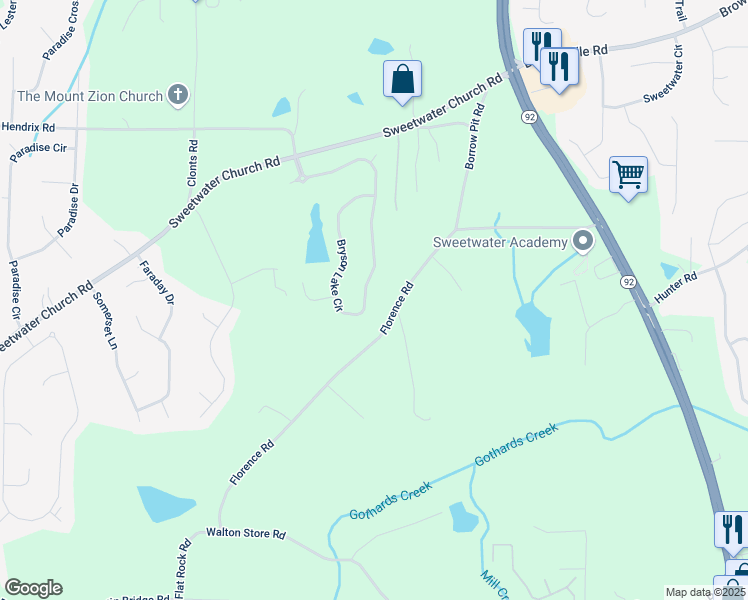 map of restaurants, bars, coffee shops, grocery stores, and more near 505 Bryson Lake Circle in Douglasville