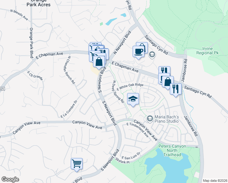 map of restaurants, bars, coffee shops, grocery stores, and more near East White Oak Ridge in Orange