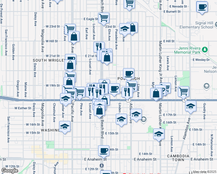 map of restaurants, bars, coffee shops, grocery stores, and more near 336 East 19th Street in Long Beach
