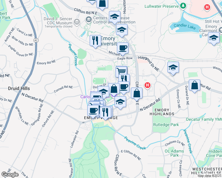 map of restaurants, bars, coffee shops, grocery stores, and more near North Kilgo Circle in Atlanta