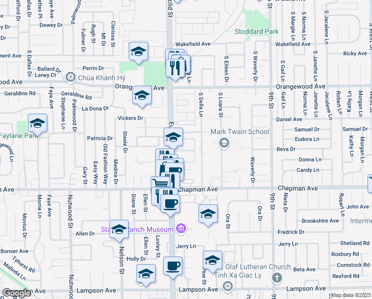 map of restaurants, bars, coffee shops, grocery stores, and more near 11750 South Euclid Street in Garden Grove