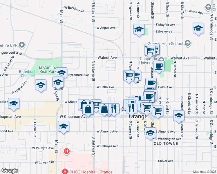 map of restaurants, bars, coffee shops, grocery stores, and more near West Palm Avenue & North Parker Street in Orange