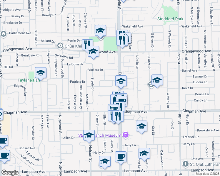 map of restaurants, bars, coffee shops, grocery stores, and more near 10902 Poindexter Avenue in Garden Grove