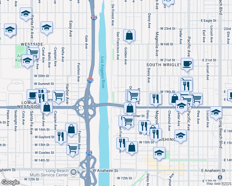 map of restaurants, bars, coffee shops, grocery stores, and more near 900 West 19th Street in Long Beach