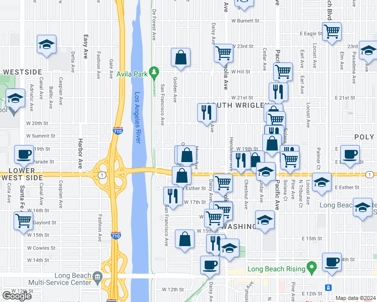 map of restaurants, bars, coffee shops, grocery stores, and more near 730 West 19th Street in Long Beach