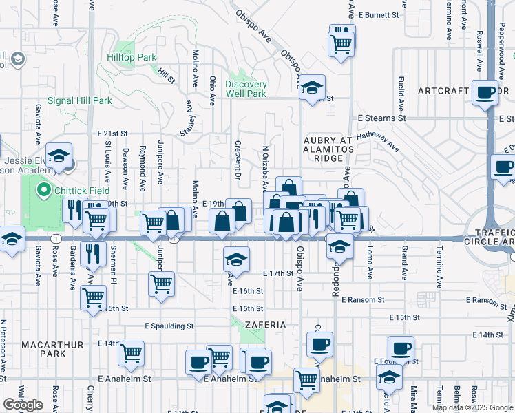 map of restaurants, bars, coffee shops, grocery stores, and more near in Long Beach