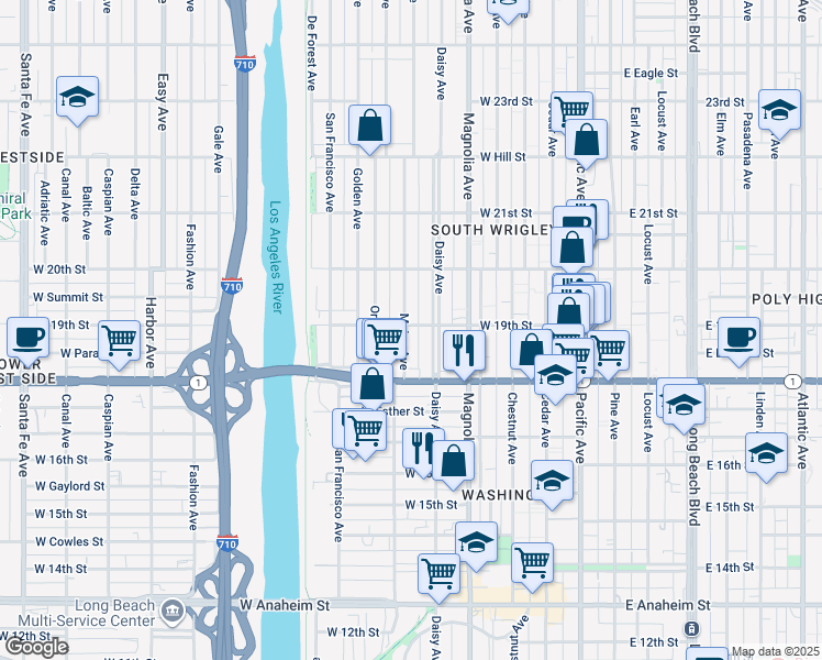 map of restaurants, bars, coffee shops, grocery stores, and more near 617 West 19th Street in Long Beach