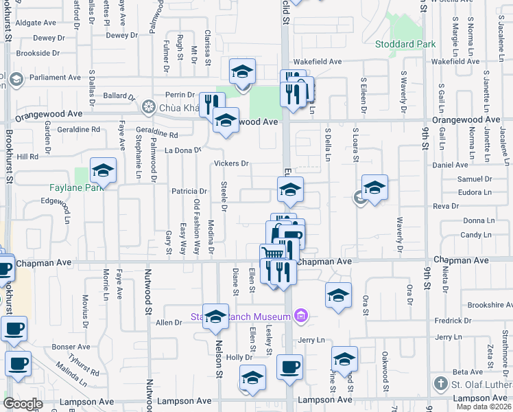 map of restaurants, bars, coffee shops, grocery stores, and more near 10872 Poindexter Avenue in Garden Grove