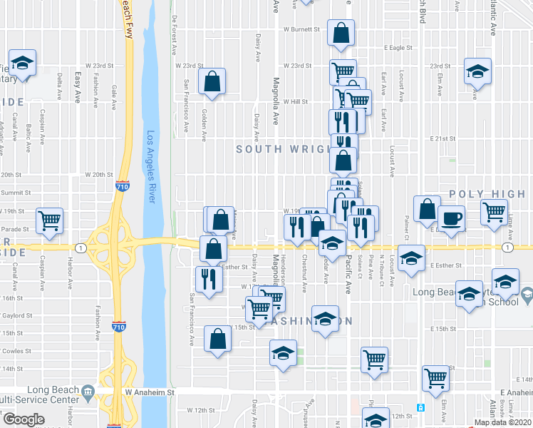 map of restaurants, bars, coffee shops, grocery stores, and more near 520 West 19th Street in Long Beach