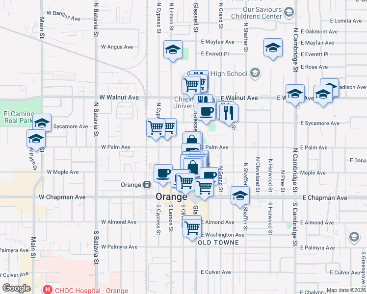 map of restaurants, bars, coffee shops, grocery stores, and more near 300 North Olive Street in Orange
