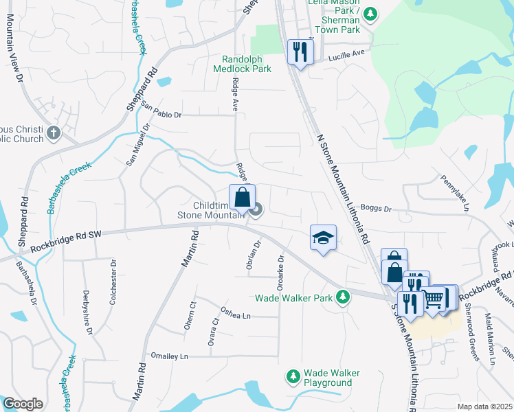 map of restaurants, bars, coffee shops, grocery stores, and more near 521 Ridge Avenue in Stone Mountain