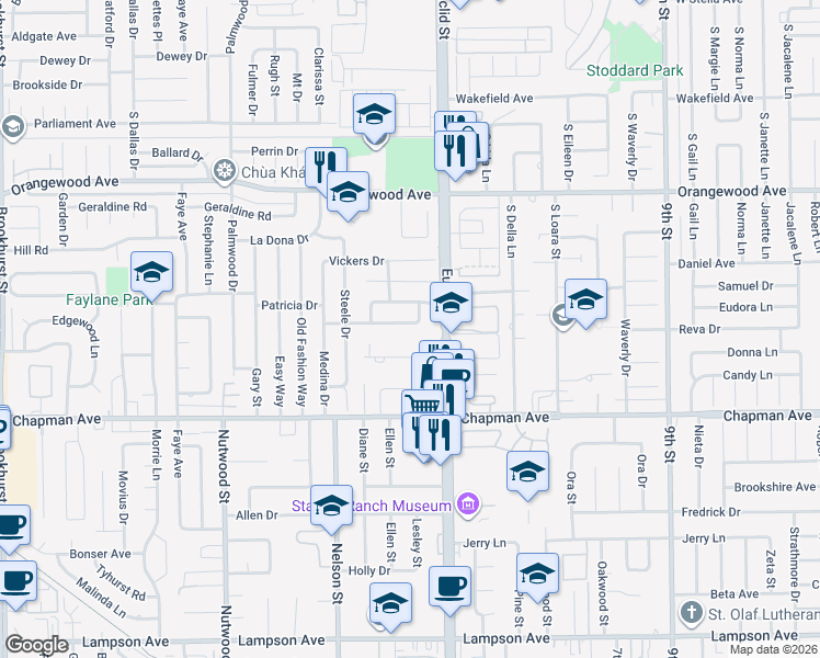map of restaurants, bars, coffee shops, grocery stores, and more near 10902 Poindexter Avenue in Garden Grove
