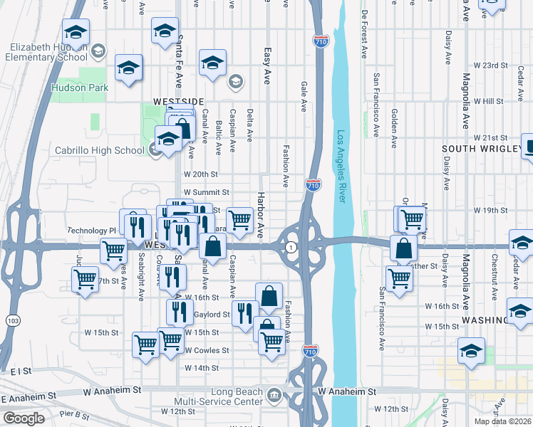 map of restaurants, bars, coffee shops, grocery stores, and more near 1890 Harbor Avenue in Long Beach