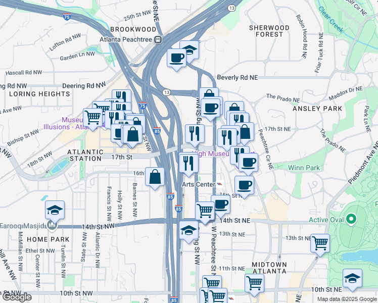 map of restaurants, bars, coffee shops, grocery stores, and more near 1350 Spring Street Northwest in Atlanta