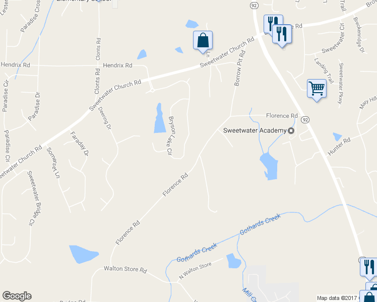 map of restaurants, bars, coffee shops, grocery stores, and more near 505 Bryson Lake Circle in Douglasville