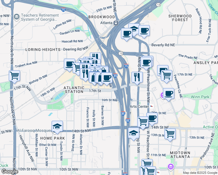 map of restaurants, bars, coffee shops, grocery stores, and more near 171 17th Street Northwest in Atlanta