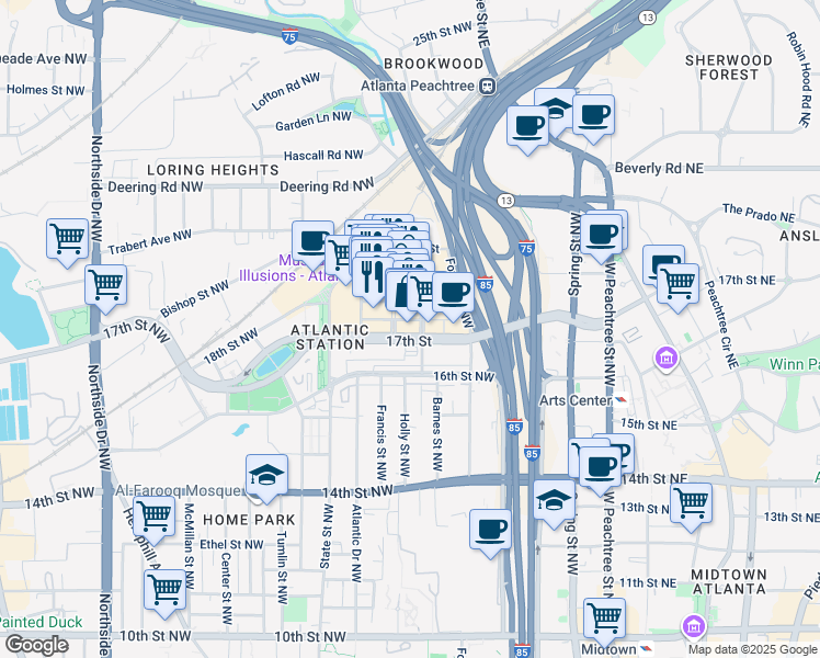 map of restaurants, bars, coffee shops, grocery stores, and more near 271 17th Street Northwest in Atlanta