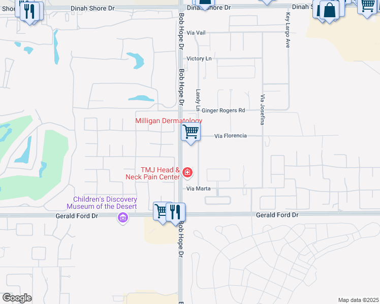 map of restaurants, bars, coffee shops, grocery stores, and more near 35400 Bob Hope Drive in Rancho Mirage