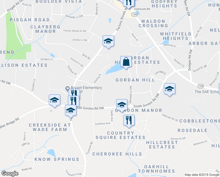 map of restaurants, bars, coffee shops, grocery stores, and more near 540 South Gordon Road Southwest in Mableton
