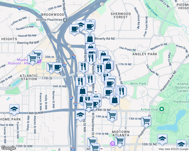 map of restaurants, bars, coffee shops, grocery stores, and more near 1355 West Peachtree Street Northwest in Atlanta