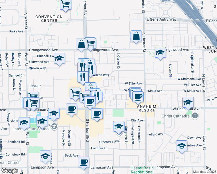 map of restaurants, bars, coffee shops, grocery stores, and more near 423 West Summerfield Circle in Anaheim