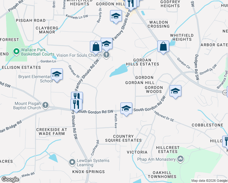 map of restaurants, bars, coffee shops, grocery stores, and more near 540 South Gordon Road Southwest in Mableton