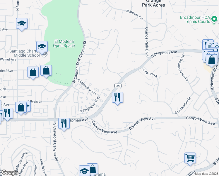 map of restaurants, bars, coffee shops, grocery stores, and more near 307 North Singingwood Street in Orange