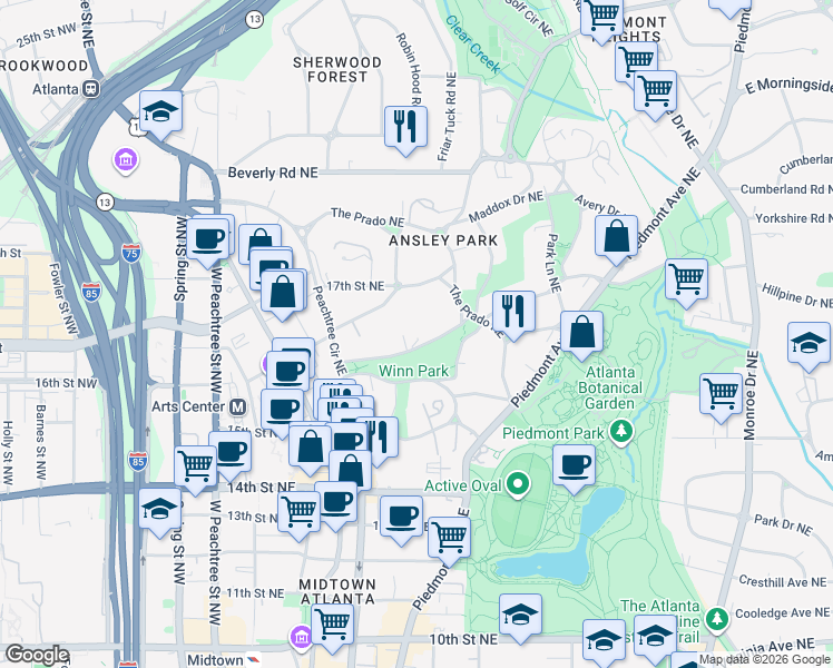 map of restaurants, bars, coffee shops, grocery stores, and more near 80 Westminster Drive Northeast in Atlanta