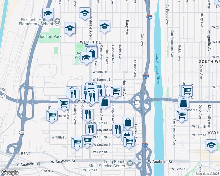 map of restaurants, bars, coffee shops, grocery stores, and more near 1518 West 19th Street in Long Beach