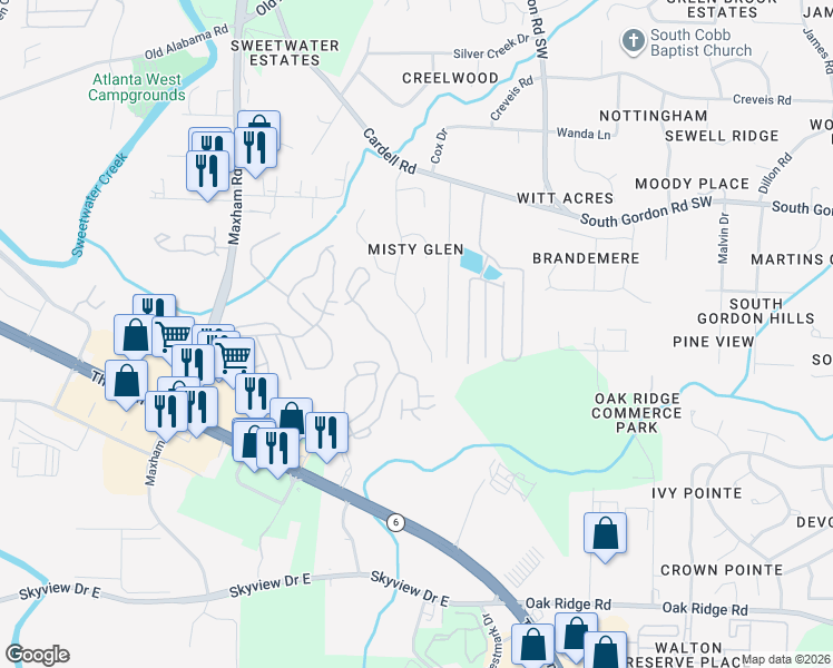 map of restaurants, bars, coffee shops, grocery stores, and more near 6619 Coventry Point in Austell