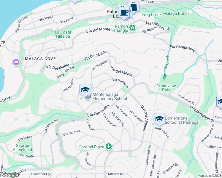 map of restaurants, bars, coffee shops, grocery stores, and more near 2232 Vía La Brea in Palos Verdes Estates