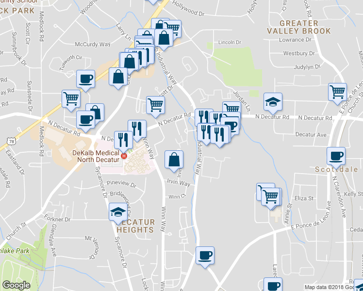map of restaurants, bars, coffee shops, grocery stores, and more near 3405 Stratford Commons in Decatur