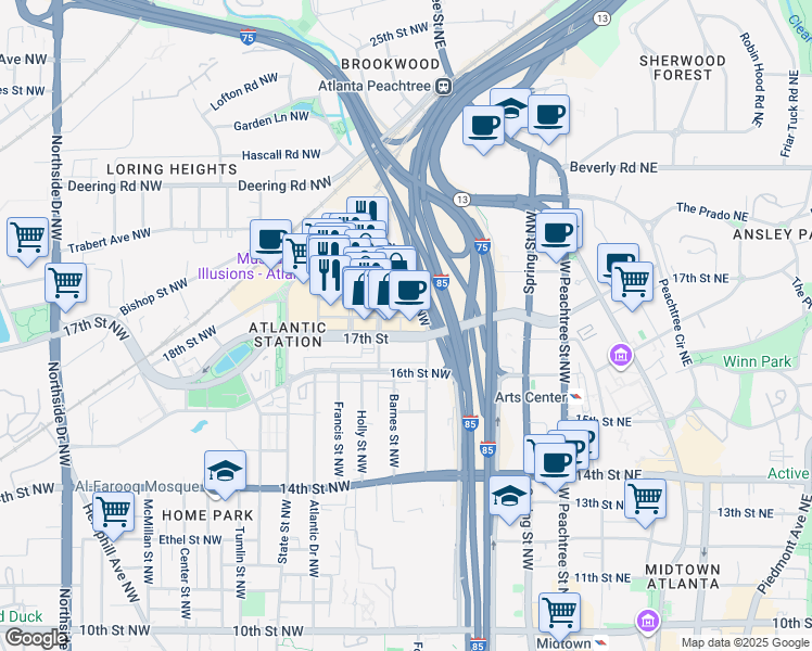 map of restaurants, bars, coffee shops, grocery stores, and more near 171 17th Street Northwest in Atlanta
