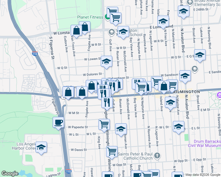 map of restaurants, bars, coffee shops, grocery stores, and more near 1451 Wilmington Boulevard in Los Angeles