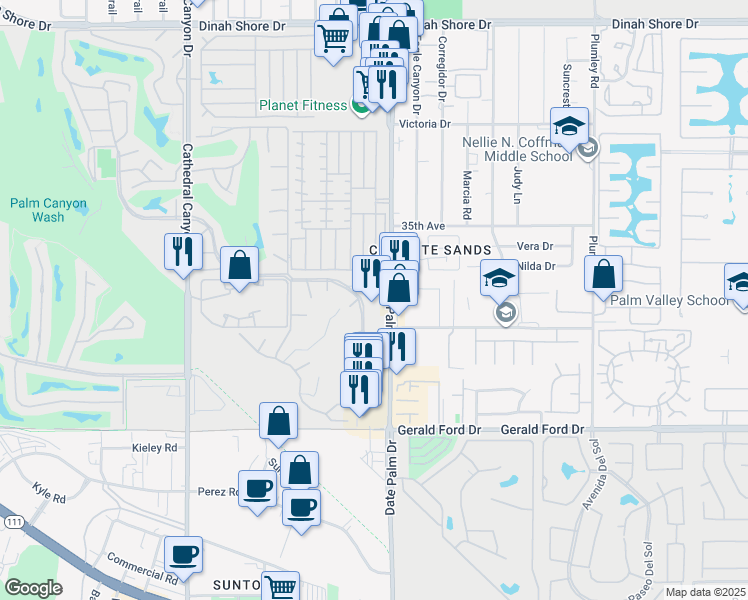 map of restaurants, bars, coffee shops, grocery stores, and more near 35-325 Date Palm Drive in Cathedral City