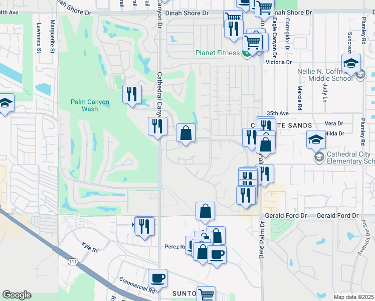 map of restaurants, bars, coffee shops, grocery stores, and more near 35200 Cathedral Canyon Drive in Cathedral City