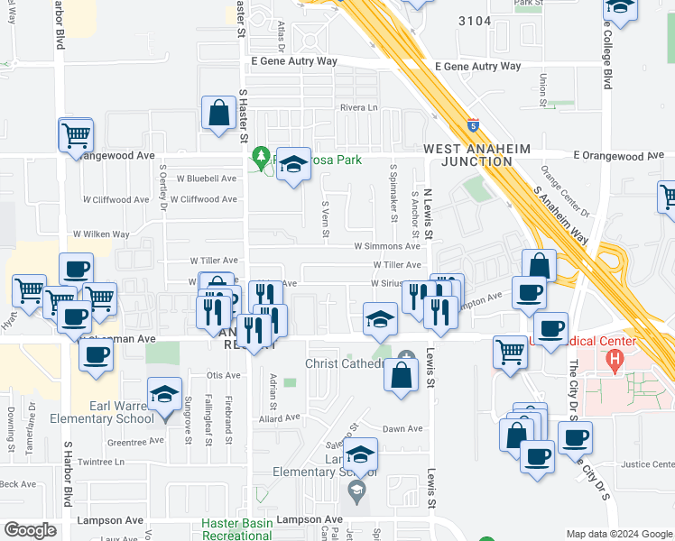 map of restaurants, bars, coffee shops, grocery stores, and more near 4500 West Tiller Avenue in Orange