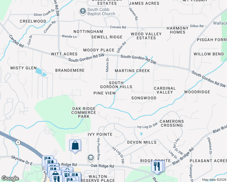 map of restaurants, bars, coffee shops, grocery stores, and more near 6684 South Dillon Road in Austell