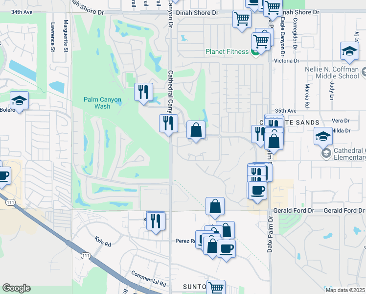 map of restaurants, bars, coffee shops, grocery stores, and more near 35200 Cathedral Canyon Drive in Cathedral City