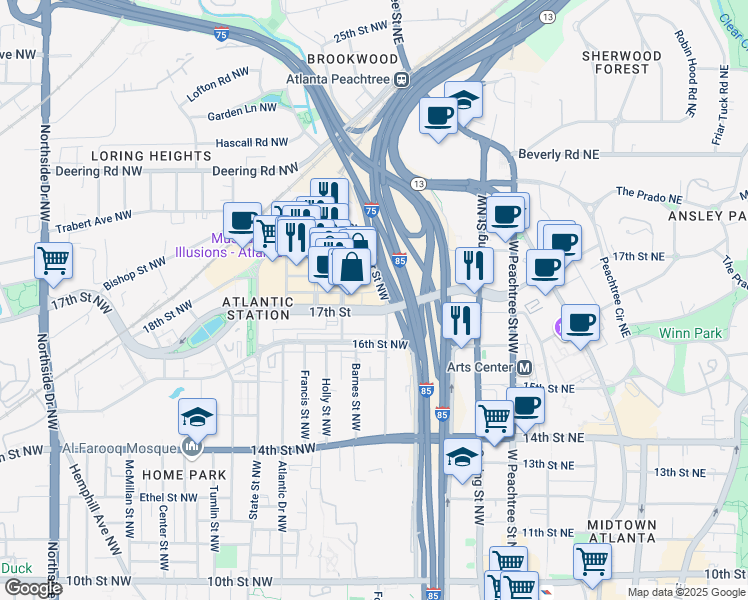 map of restaurants, bars, coffee shops, grocery stores, and more near 1381 Market Street Northwest in Atlanta