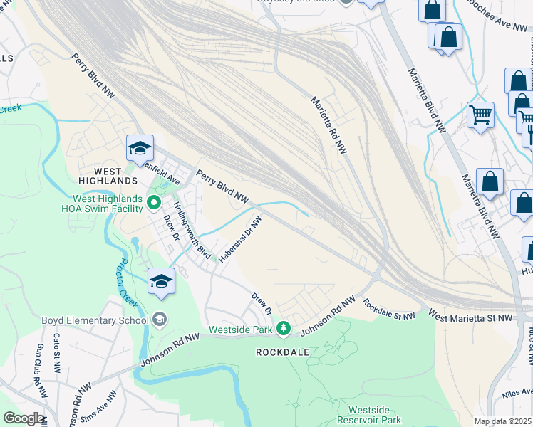 map of restaurants, bars, coffee shops, grocery stores, and more near 1695 Marietta Boulevard Northwest in Atlanta