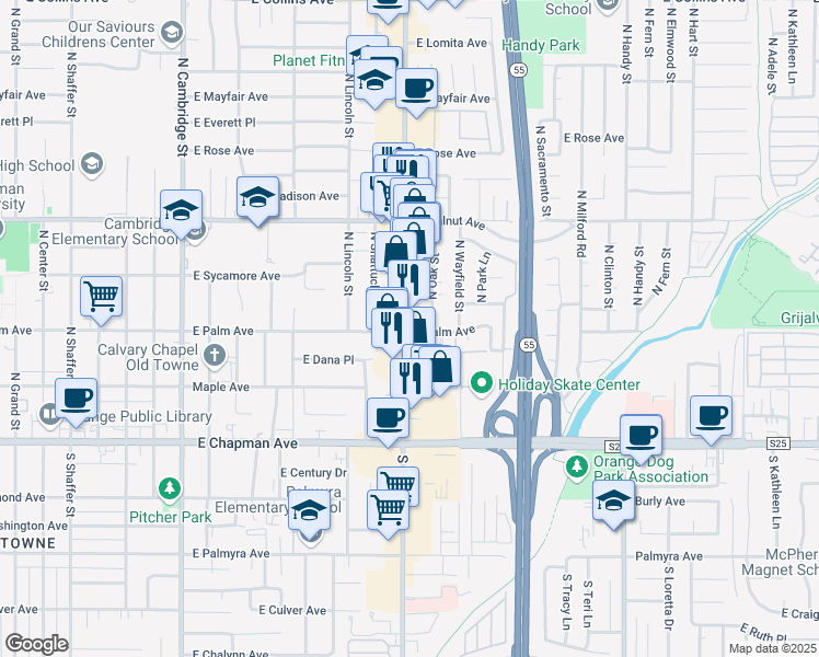 map of restaurants, bars, coffee shops, grocery stores, and more near 300 North Tustin Street in Orange