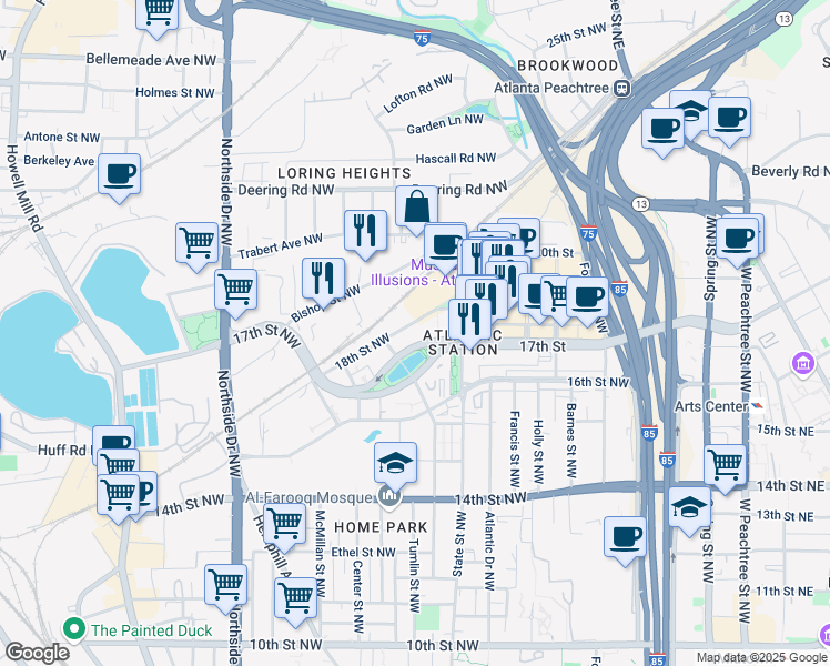 map of restaurants, bars, coffee shops, grocery stores, and more near 391 State Street Northwest in Atlanta